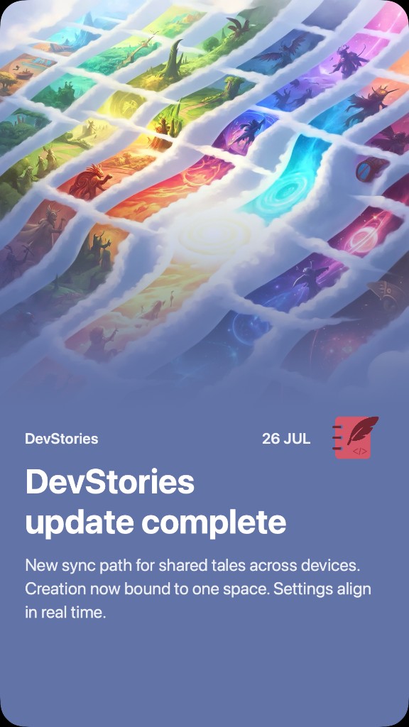 DevStories card: DevStories update complete