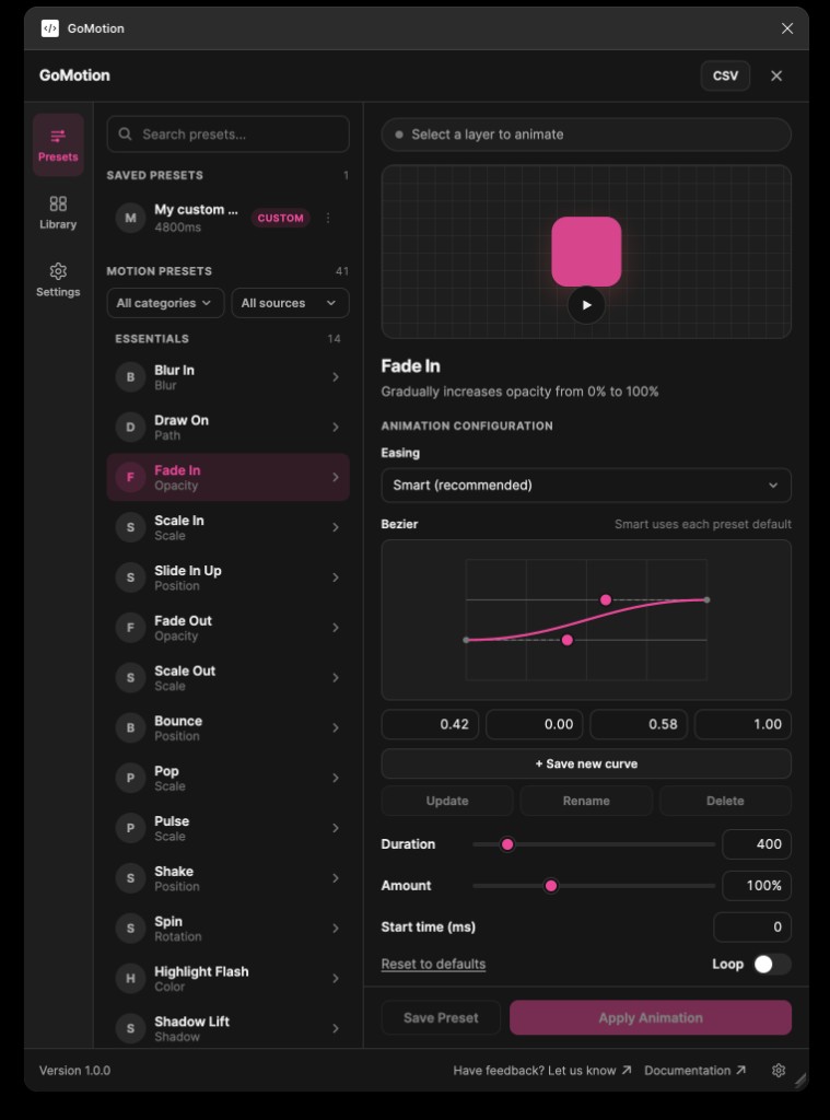 GoMotion plugin: Fade In preset with easing and duration controls