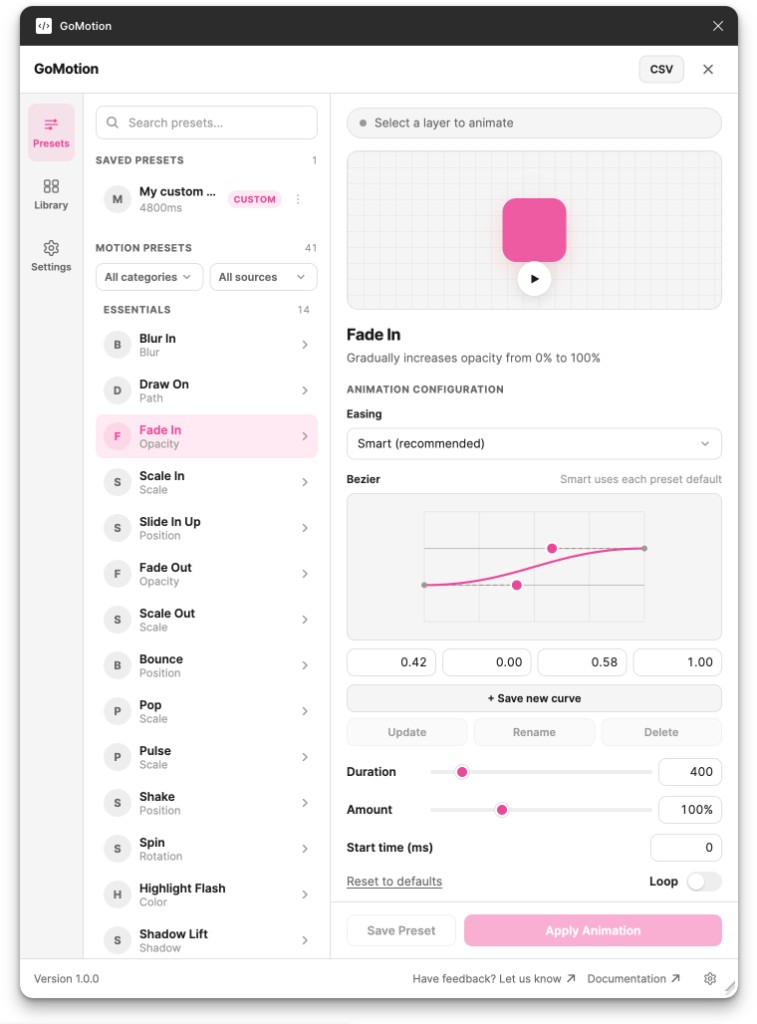GoMotion plugin: Fade In preset with easing and duration controls