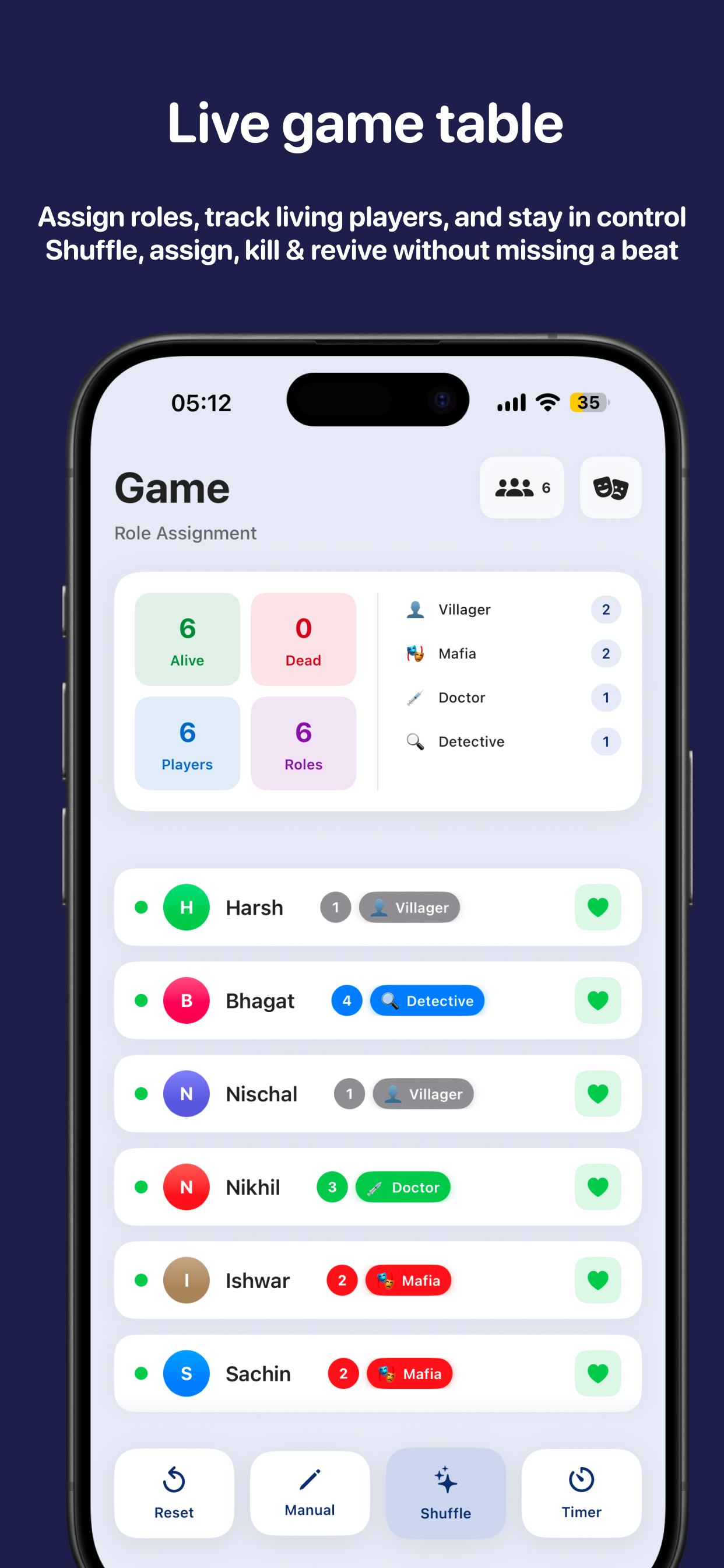 Mafia God live game table with player roles and status